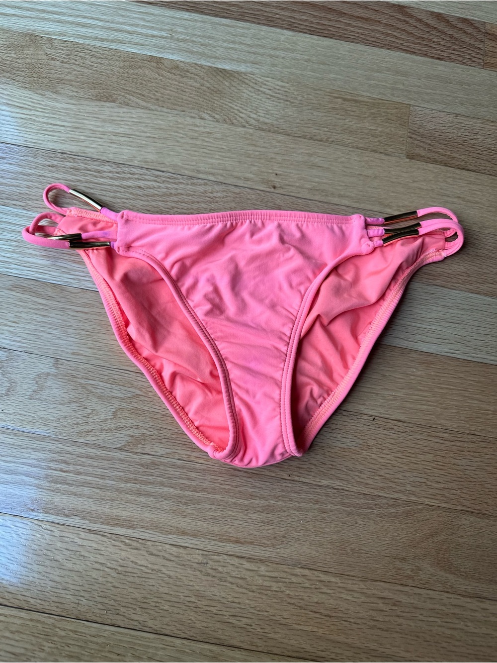 Pilyq Coral Pink Bikini Bottom with Gold Ring Side Details